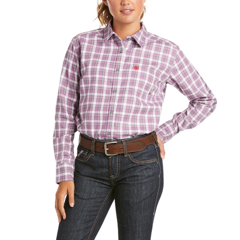 Ariat Women's FR AJA Logo Button Front L/S Work Shirt - Lavender Plaid