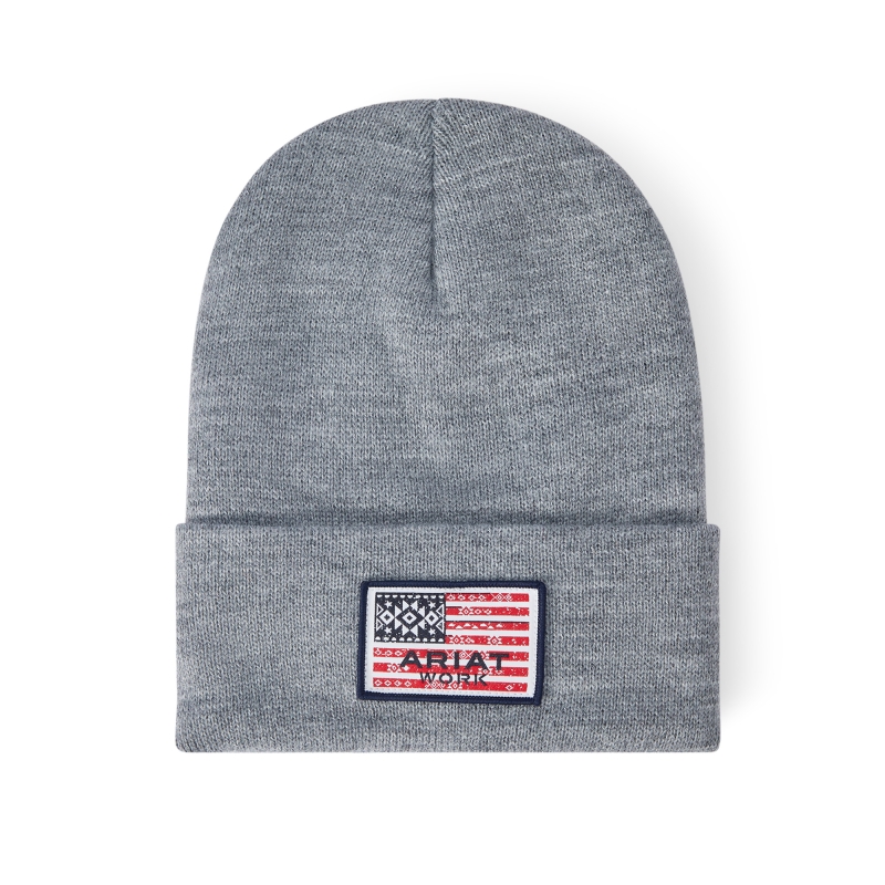 Ariat Women's Rebar Southwest Flag Patch Beanie - Heather Grey