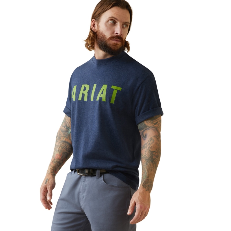 Ariat Rebar Cotton Strong Block Logo Crewneck S/S Shirt - Navy Heather/ Lime