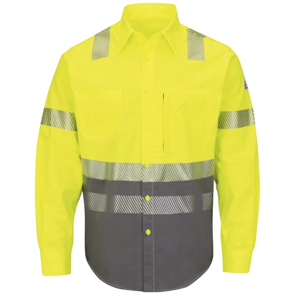 Bulwark FR HI-VIS Class 3 Dual Hazard Color Block Button Front L/S Uniform Shirt- Hi-Vis Yellow/Grey